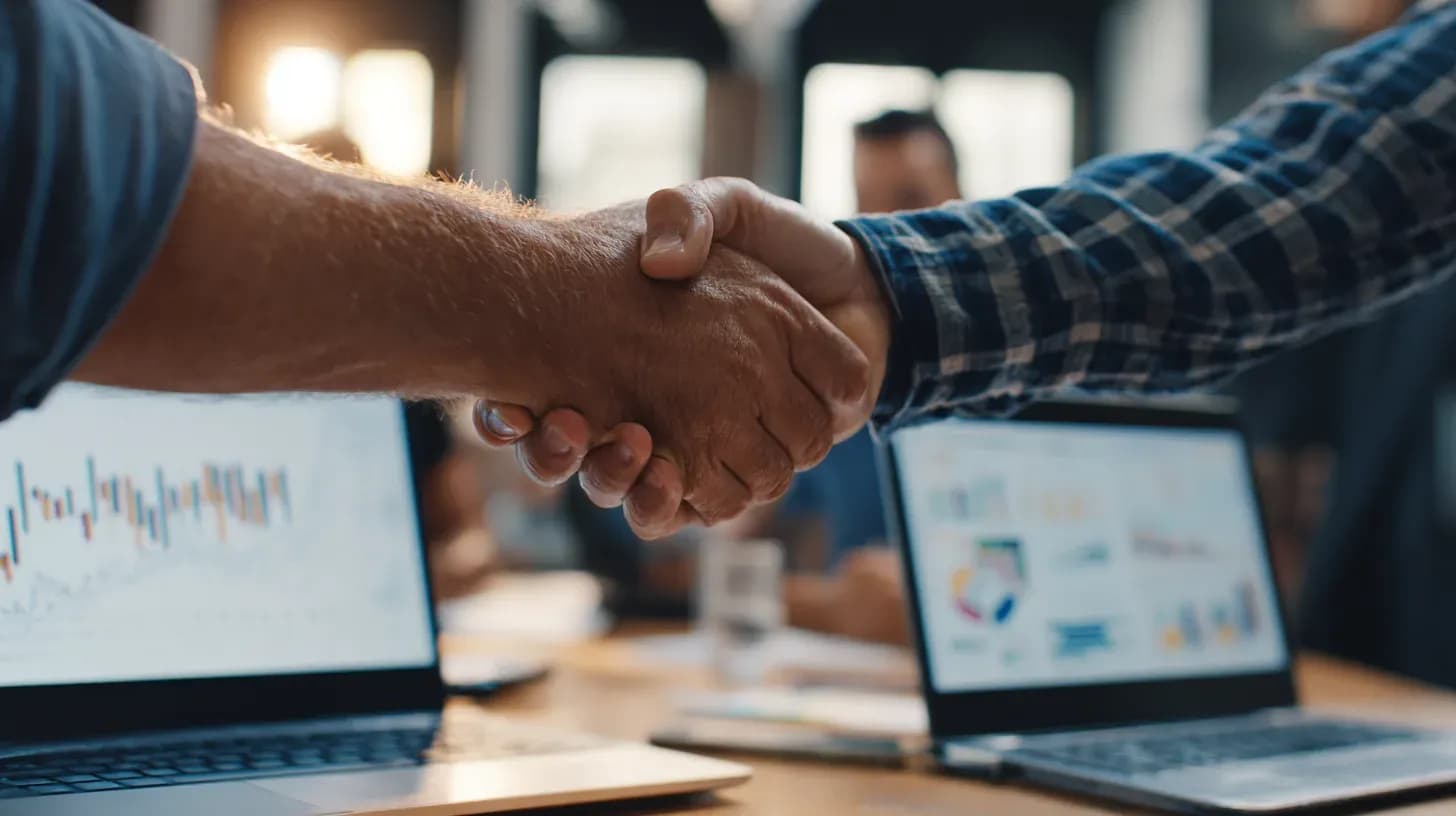 A business owner and a software house celebrating business growth from an ongoing partnership