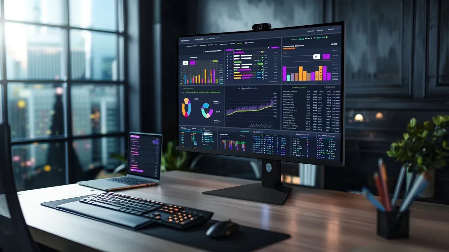 A desk with a computer showing data analysis on screen