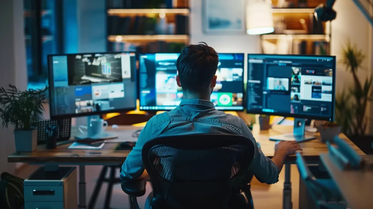 A man working at three monitors
