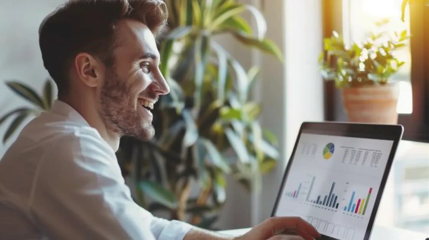 A man smiling while working at his computer