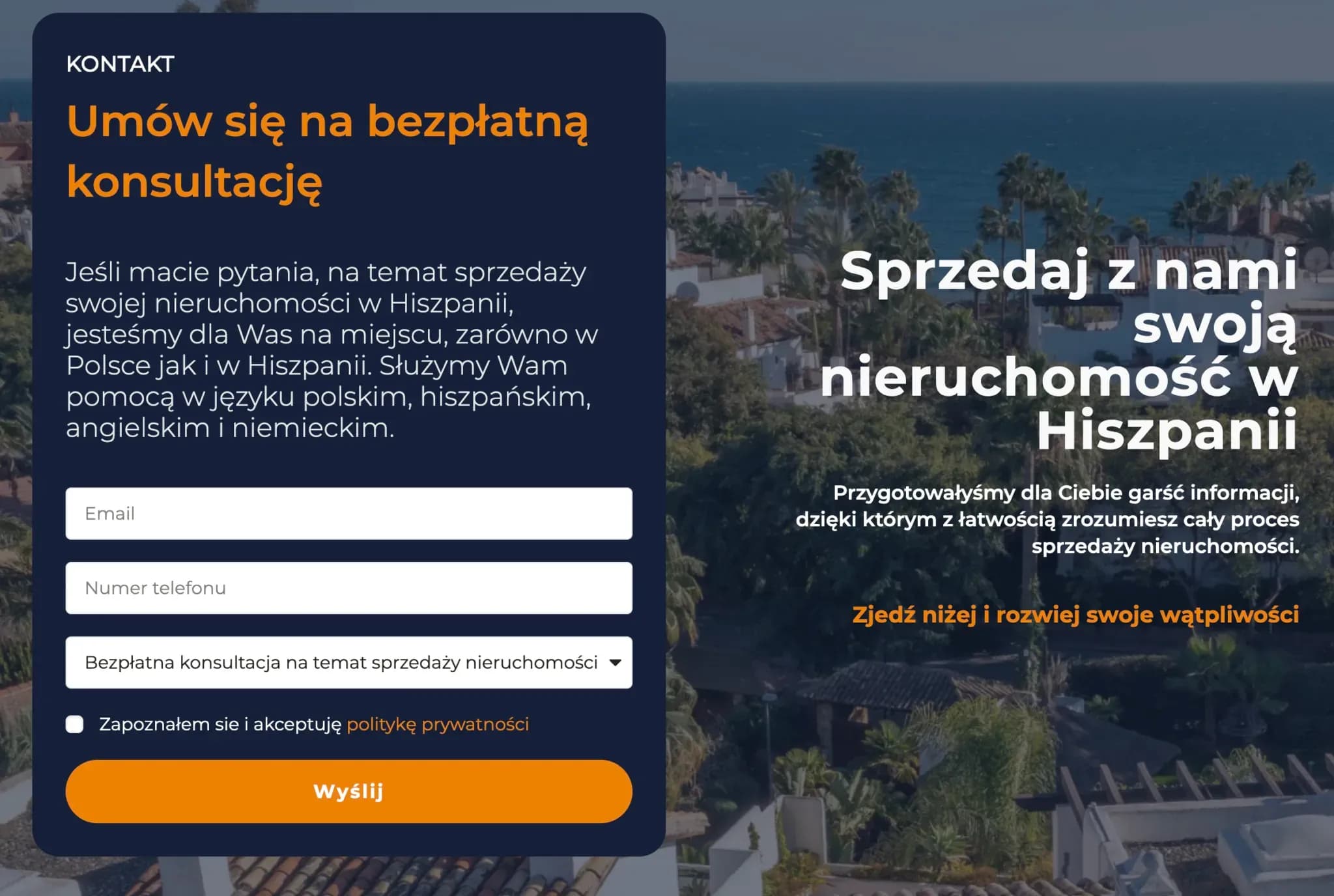 Strona usługi sprzedaży nieruchomości w Hiszpanii