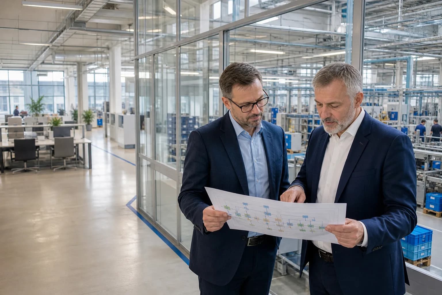 Dwóch decydentów omawia mapę procesów w jasnej hali operacyjnej.